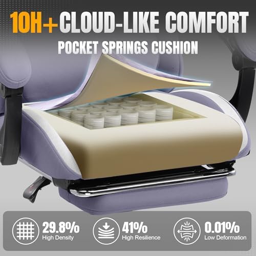 GTPLAYER Gaming Chair with Foot Rest & Pocket Spring Cushion, Ergonomic High Back Computer Desk Chair with Headrest & Lumbar Support for Back Pain Relief, Breathable Fabric, Purple