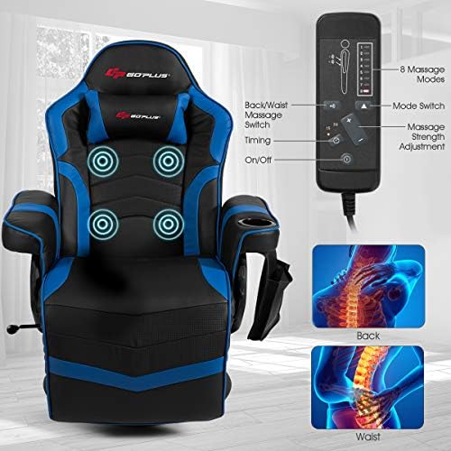 Goplus Massage Gaming Chair, Racing Style Gaming Recliner w/Adjustable Backrest and Footrest, Ergonomic High Back PU Leather Computer Office Chair Swivel Game Chair w/Cup Holder and Side Pouch