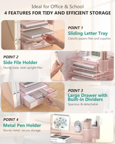 WALI Desk File Organizer, 5 Tier Desktop Paper Letter Tray Organizer with Drawer and 2 Pen Holders, Office Desk Accessories & Workspace Organizers for Office, Home Supplies(DO006DH-P), 1 Pack, Pink