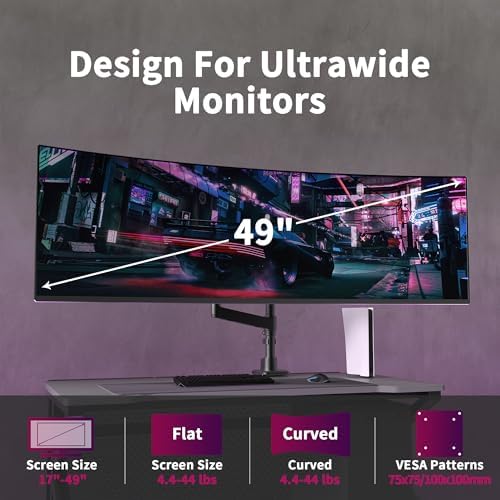Single Monitor Arm for 17-49 Inch Ultrawide Screens, Single Monitor Mount Heavy Duty up to 44lbs, Adjustable Vertical Stacked Full Motion Single Monitor Arm Desk Mount, 75/100mm VESA Mount, Black