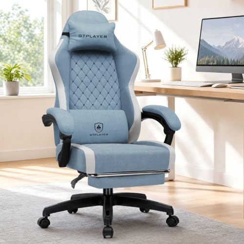 GTPLAYER Gaming Chair Fabric with Pocket Spring Cushion, Big and Tall Gamings Chairs 350LBS High Back Computer Chair with Footrest for Adults Lumbar Support Swivel Game Chair for Office Light Blue