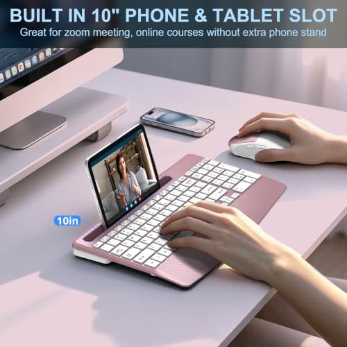 Rechargeable Silent Wireless Keyboard and Mouse Combo, Ergonomic Wrist Rest & Phone Tablet Holder, USB-C Adapter Included, 2.4G Lag-Free Cordless Set for Windows Mac Laptop PC Home Office (Rose Gold)