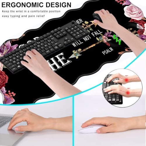Mouse Pad with Wrist Support + Desk Mat + Coaster 3 in 1 Set, XL Large Gaming Mousepad Ergonomic Mouse Pads for Desk Computer Laptop Office,Flower Bible Verse Psalm 46-5