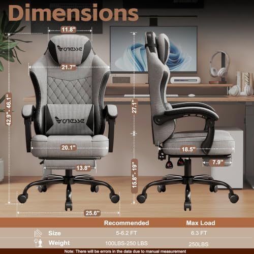Vonesse Gaming Chair, Desk Chair with Linen Breathable Mesh Fabric, Office Chair with Adjustable Lumbar Support, Computer Chairs with Footrest and Headrest (Gray)