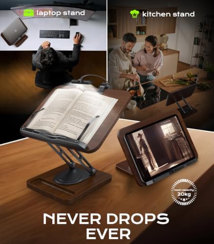 Book Stand with Light, 360° Rotating Holder with Page Clip, Ergonomic