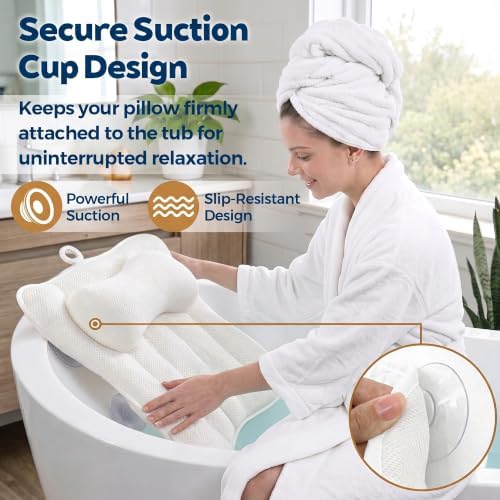 Bath Pillow for Tub,Large Bathtub Pillow with Raised Headrest and Full Back Support,Thick Cushioned Tub Pillow for Soaking Tub,Hot Tub and Spa,White