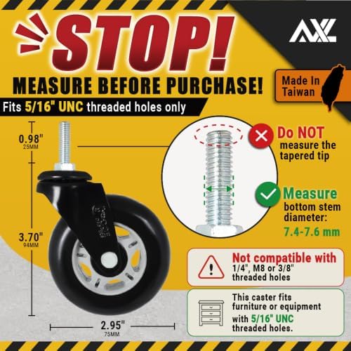 AXL 5/16" UNC x 1" (25mm) Threaded Stem Casters, 3 Inch PU Quiet Inline Swivel Wheels for Office Chairs, Kitchen Carts and Wire Shelving (2 Swivel & 2 Brake)