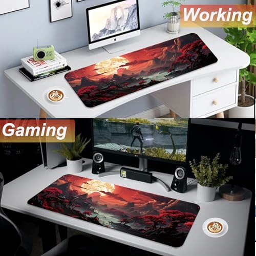 Gaming Mouse Pad 31.5x11.8 inch XL Large Extended Mouse Pad, Big Mousepad Desk Mat for Computer with Non-Slip Rubber Base and Stitched Edge-Red Moon