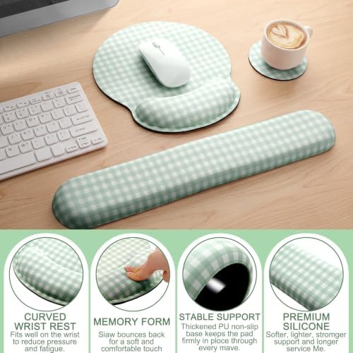 Tellegloww 3 Pcs Wrist Rest Set for Mouse Pad Keyboard, Green