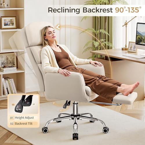 Big and Tall Office Chair 500LBS, Ergonomic High Back Leather Executive Chair, Reclining Swivel with Adjustable Armrests Lumbar Support Footrest, Cross Legged, Beige