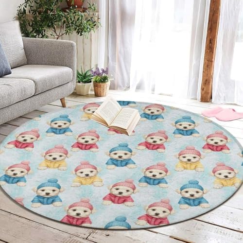 Soft Round Yoga Carpet, Office Chair Decor Round Mat for Carpet and Hardwood Floors Cute Animal Maltese, 60inch