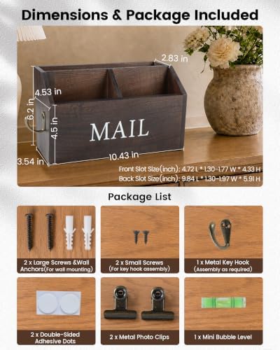 DLQuarts Solid Wood Mail Organizer Countertop or Wall Mounted, Dark Walnut