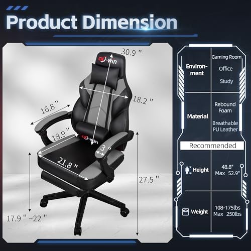 Gaming Chair, Computer Chair with Footrest and Lumbar Support,Video Game Chair Height Adjustable,Racing Style Computer Chair with 360°-Swivel Seat and Headrest (Grey)