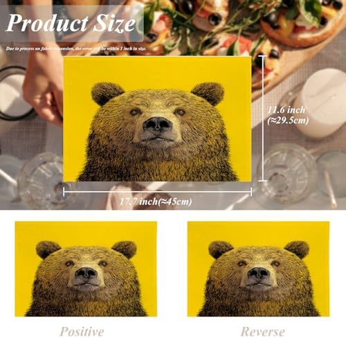 Shrahala Cute The Bear in Mineral Yellow Placemats, Bear Face Yellow Background Table Mat Linen Burlap Washable Double-Deck Heat Insulation for Dining/Kitchen Table Set of 4 (12 x 18 inch)