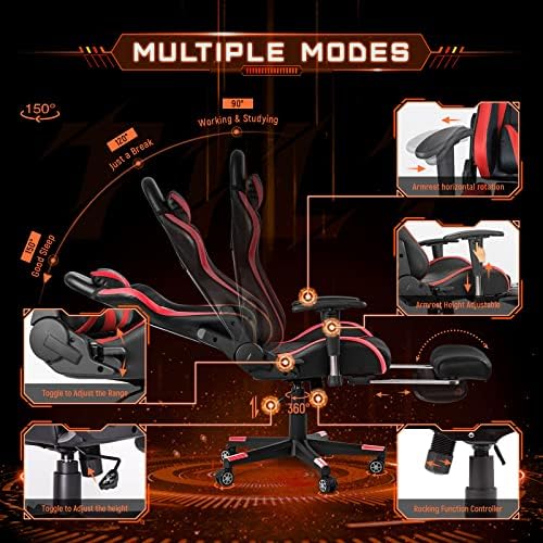 Gaming High Back Ergonomic Computer Racing Chair - Adjustable Office With Footrest, Lumbar Support, Swivel - Upgraded Version BlackRed