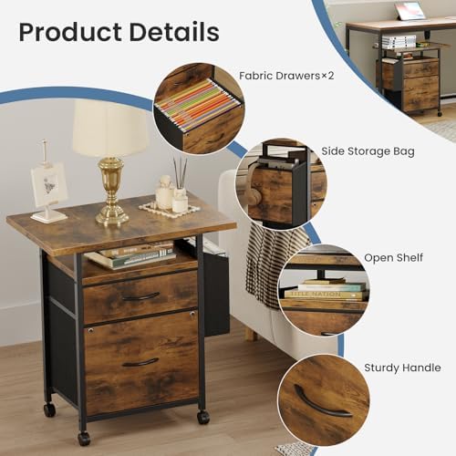 Simple Deluxe 2 Drawer File Cabinet with 24" Extended Desktop, Mobile Filing Cabinet, Rolling File Cabinet with Side Bag, Fabric Drawer, Fits A4/Letter Size, Printer Stand Home Office, Brown
