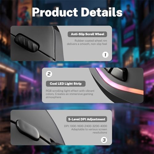Gaming Mouse with Display, Wireless Vertical Ergonomic Mouse with Tri-Mode Connectivity, 7 Programmable RGB Buttons, 4000 DPI, Rechargeable for PC Laptop Mac