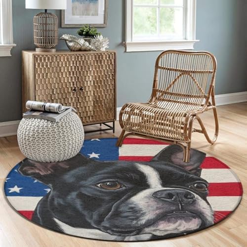 Room Sofa Yoga Soft Round Carpet, Home Decor Non Slip Kitchen Office Circle Rug, Machine Washable Modern Round Area Rug American US Flag Boston Terrier, 24inch