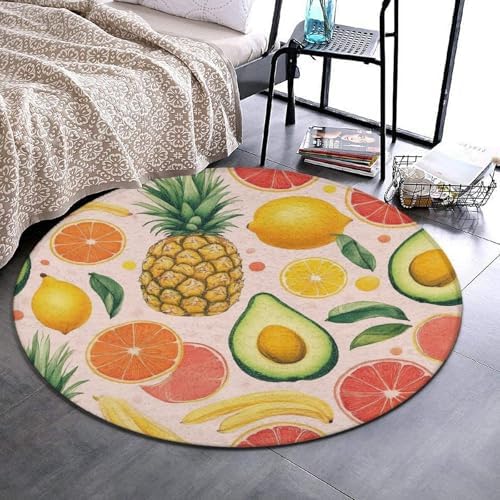 Home Decor Non Slip Kitchen Office Circle Rug, Machine Washable Modern Round Area Rug, Room Sofa Yoga Soft Round Carpet Avocado Nut Banana Pineapple Orange, 60inch