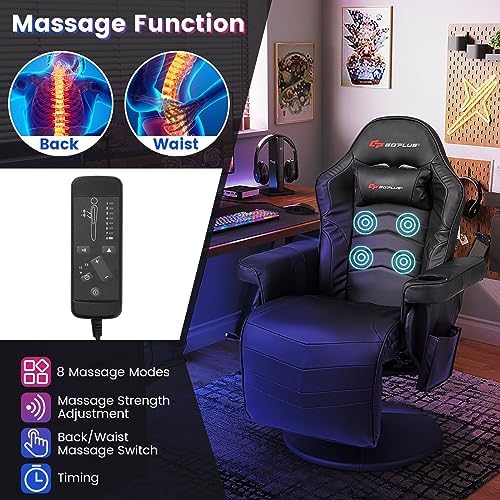 Goplus Gaming Chair, Height Adjustable Massage Video Game Chair with Retractable Footrest, Cup Holder, Headrest, Swivel Office Chair, Racing Style Swivel Gamer Chair (Black)