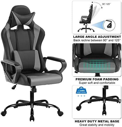 High Back Gaming Chair PC Computer Chair Office Chair for Adult Teen Kids, Ergonomic PU Leather Game Chair w/Lumbar Support Headrest Adjustable Rolling Swivel Desk Chair, Grey