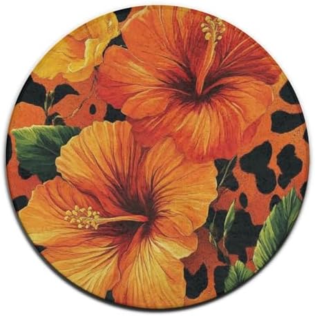 Large Round Area Rug Home Decor Modern Bathroom Rug Kitchen Office Circle Rug for Living Room Sofa Circle Cute Mat Orange Yellow Flower Floral Cheetah Leopard Print, 36inch