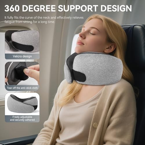 SZXYX Travel Pillows - 100% Pure Memory Foam Neck Pillow for Airplanes, Comfortable Breathable Cover, 360° Support Stowable Pillows for Sleeping, Car, Airport Travel Essentials, Dark Gray