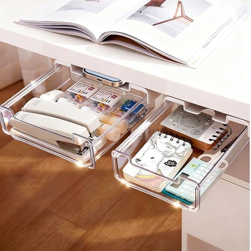 TooCust 2 Pack Under Desk Storage Drawers Slide Out-Drill-On or Self-Adhesive,Large&Medium Drawer Under Desk Organizer Under Table Drawer for Home Office School Organization and Storage
