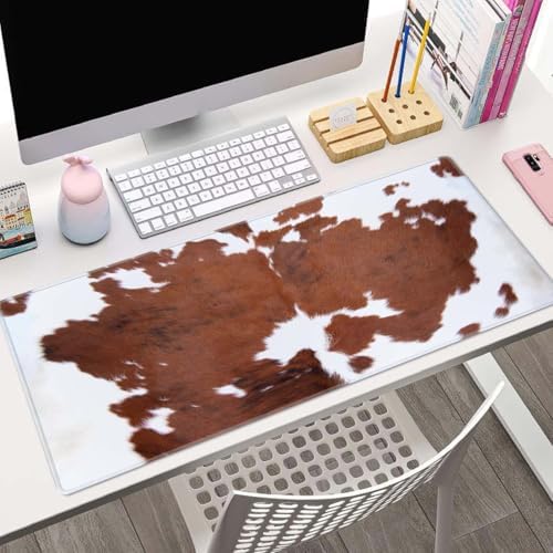 Brown Cowhide Print Gaming Mouse Pad, Extended Large Mouse Mat Desk Pad, Big Computer Keyboard Desk Pad, Stitched Edges Mousepad, 3mm Thick Long Non-Slip Rubber Base Mice Pad, 31.5 X 11.8 Inch