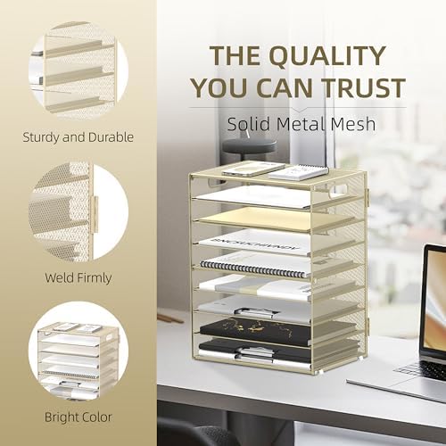 9-Tier Paper Organizer for Desk, Letter Tray with Handles, Golden Yellow