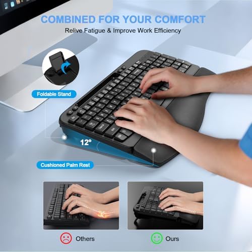 EAYBLLY 2.4G Wireless Ergonomic Keyboard, Full Size Wave Keys with Memory Foam Wrist Rest & 7.28in Phone Holder, USB-C Adapter Included for Windows Mac Chrome OS, Office or Home (Black)