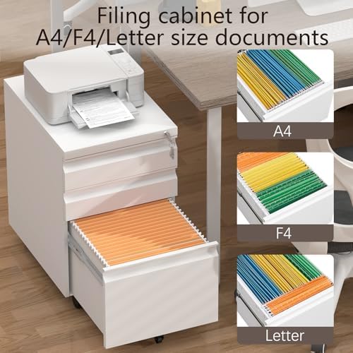 3 Drawer File Cabinet on Wheels,25.6" H White Filing Cabinet with Lock,Under Desk Metal File Cabinet for Home Office Organizer Letters/Legal/A4(Fully Assembled) (White)