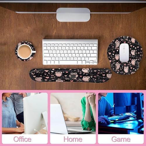 Cute Owl Pink Heart Keyboard Wrist Rest Pad Mouse Pad Set,Ergonomic Mousepad Wrist Support Memory Foam Desk Pad for Gaming Office,Non-Slip Rubber Base Easy Typing for Home Office Computers