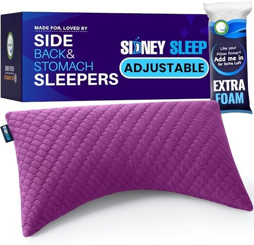 Sidney Sleep Adjustable Bed Pillow for Neck and Shoulder Support with Extra Shredded Fill - Cervical Contour Pillow for Side and Back Sleepers. Standard Size 19" x 26" CertiPUR-US Certified (Magenta)