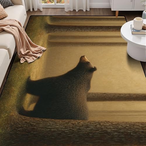 Tranquil Scene Bear Pine Trees Soft Gradient Area Rug Outdoor Patio Rug Play Mat Modern Floor Carpet Non-Slip Home Decor Living Room Kids Bedroom Nursery, 6x9 ft