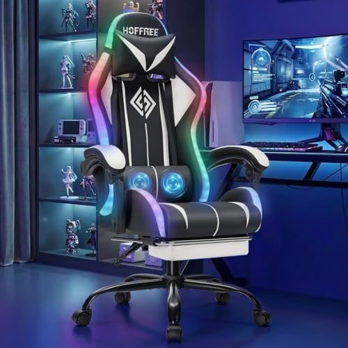 RGB Gaming Chair with LED Lights Massage Ergonomic Computer Chair-White