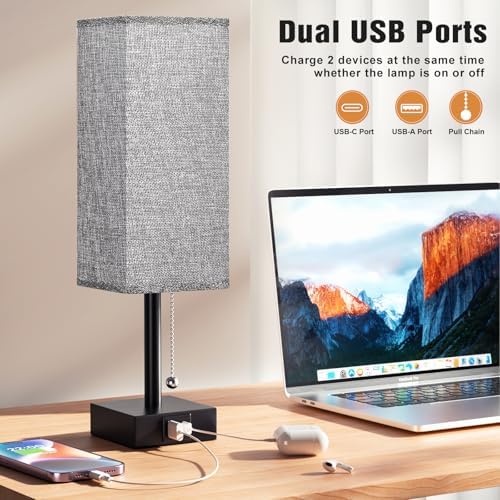 Set of 2 Grey Bedside Table Lamps for Bedroom - Nightstand Lamp, USB C+A