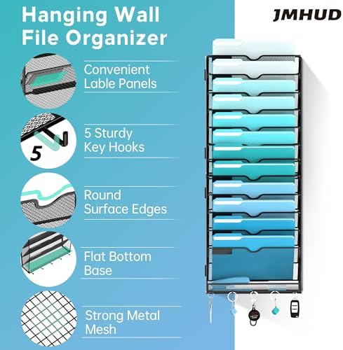 13-Tier Wall File Organizer and Mail Organizer with 5 Hooks, Black
