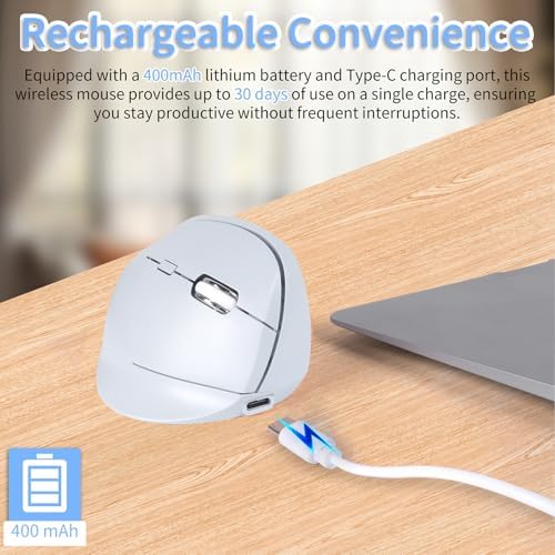 Bluetooth Wireless Vertical Mouse - Ergonomic Design, Rechargeable with Type-C, Silent Operation for Office and Home Use, Ideal for Professionals & Students (Blue)