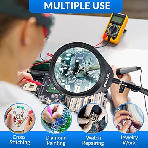 YOCTOSUN 10X Magnifying Glass Lamp with 6 Color Modes Stepless Dimmable, 96 LEDs and 5" Real Glass Lens, Adjustable Swivel Arm Desk Magnifier with Light and Stand for Crafts Hobby Close Work