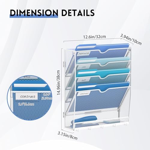 5-Tier Wall File Organizer and Mail Organizer with 5 Hooks, White