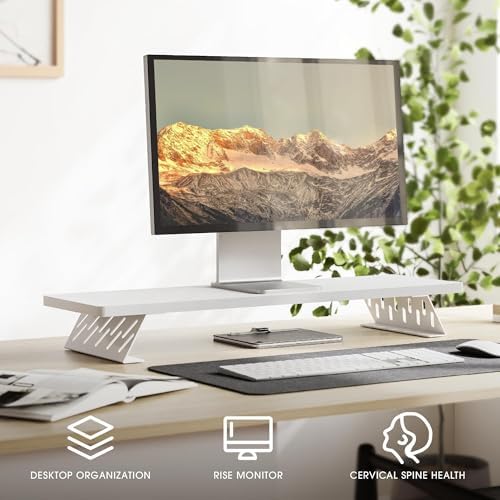 Fenge Monitor Stand Riser, Wooden & Metal Desk Shelf Organizer, White