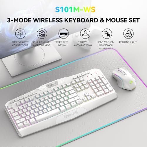 Redragon S101M-WS Gaming Keyboard and Mouse Wireless with 3-Mode (White)