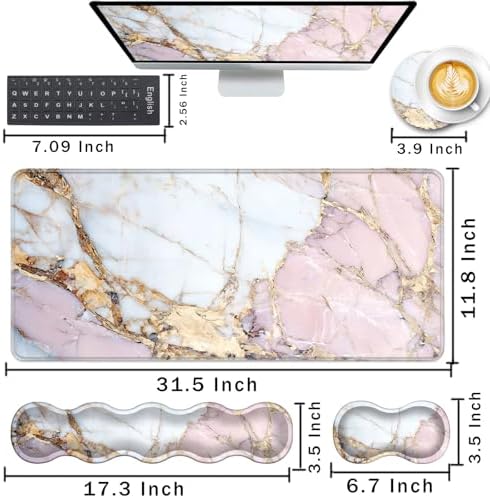Keyboard Wrist Rest and Mouse Pad with Wrist Support Set Ergonomic Coaster,Memory Foam,Easy Typing Pain Relief,Large XL Desk Mat 31.5"x 11.8",Colorful Marble