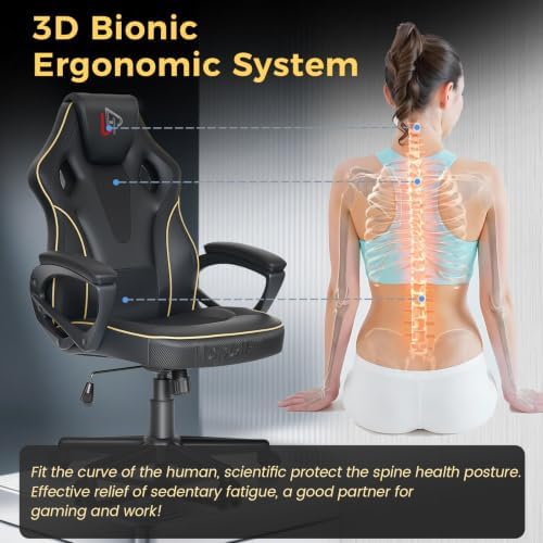 HapGIFT Gaming Chair, Ergonomic Computer Gaming Chairs with Link Armrest, PU Leather Video Game Chairs for Adults Teens, Height Adujustable Racing Style PC Chair for Home, 300LBS (BLACK)