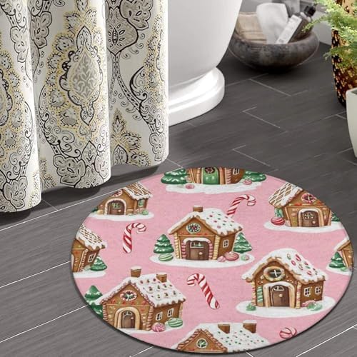 Soft Round Yoga Carpet, Office Chair Decor Round Mat for Carpet and Hardwood Floors Pink Xmas Gingerbread House Christmas