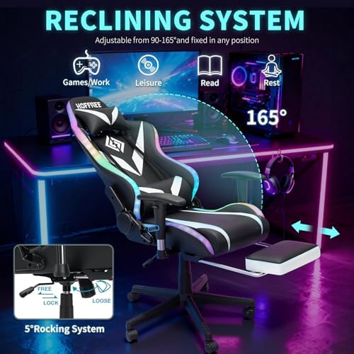 Led Gaming Chair with Speakers Massage 165° Reclining Computer Chairs-White
