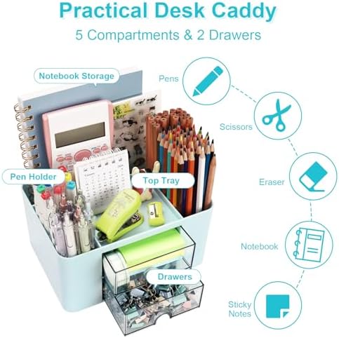 Meiikun Plastic Pen Organizer, Multifunctional Desk Organizer with 2 Drawers, 4 Compartments & a Top Tray, Pencil Holder Desktop Organizers and Accessories for Office, 7.7" x 5.5" x 3.9" (Blue)