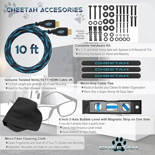 Cheetah TV Monitor Wall Mount for 12-55 Inch TVs up to 40 lbs, Includes 10 ft HDMI Cable, Tools-Free Tilt, Max VESA 200x200mm, Articulating Arm TV Bracket, Full Motion Swivel, Low Profile, Extends 15"