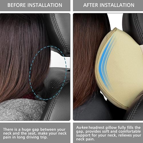 Aukee Car Neck Pillow Soft Memory Foam Leather Headrest for Driving Home Office Beige (Pack of 2)